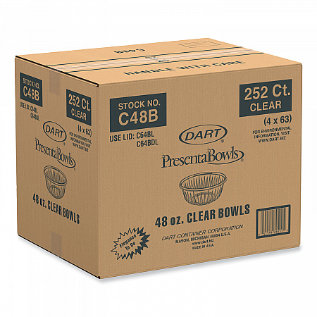 PresentaBowls Clear Bowls, 48 oz, Plastic, 63/Bag, 252/Carton (C48B)