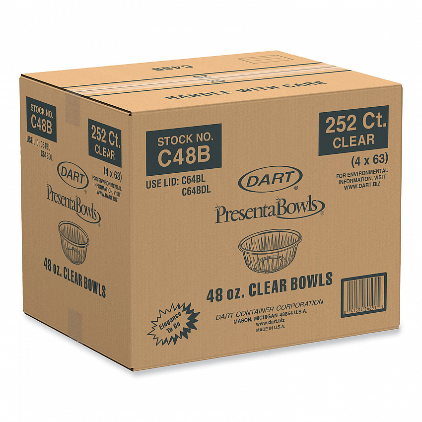 PresentaBowls Clear Bowls, 48 oz, Plastic, 63/Bag, 252/Carton (C48B)
