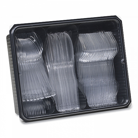 Cutlery Keeper Tray with Clear Plastic Utensils, Heavyweight, Fork/Knife/Spoon, Plastic, Crystal Clear, 180/Pack (CH0180DX7)