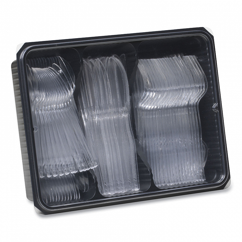 Cutlery Keeper Tray with Clear Plastic Utensils, Heavyweight, Fork/Knife/Spoon, Plastic, Crystal Clear, 180/Pack (CH0180DX7)