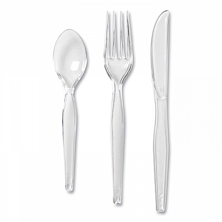 Cutlery Keeper Tray with Clear Plastic Utensils, Heavyweight, Fork/Knife/Spoon, Plastic, Crystal Clear, 180/Pack (CH0180DX7)
