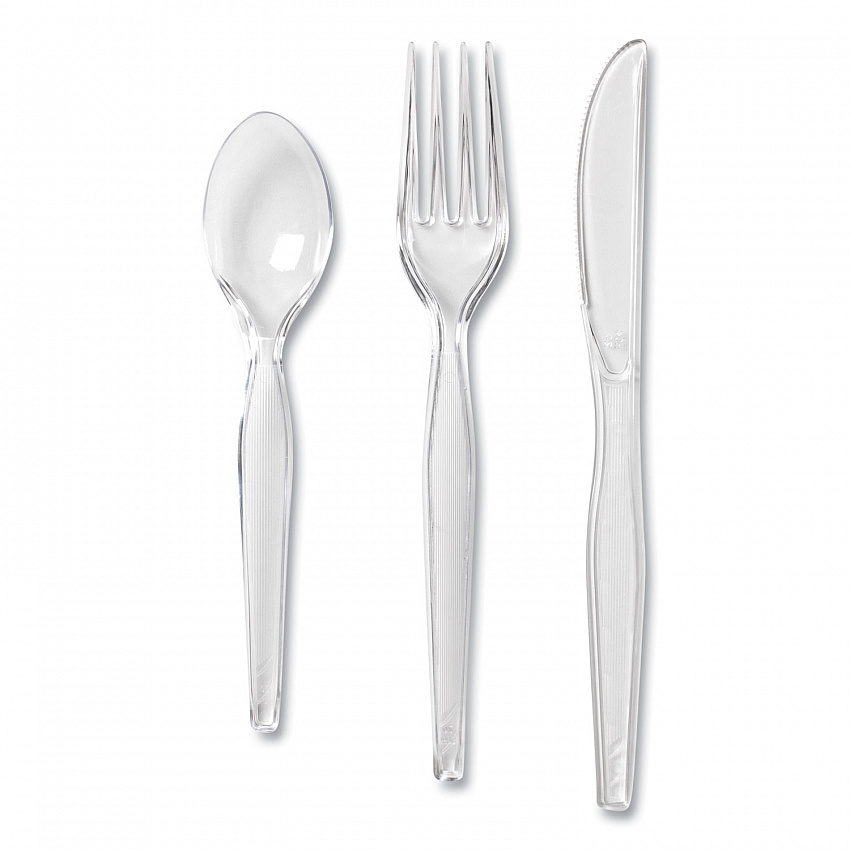 Cutlery Keeper Tray with Clear Plastic Utensils, Heavyweight, Fork/Knife/Spoon, Plastic, Crystal Clear, 180/Pack (CH0180DX7)