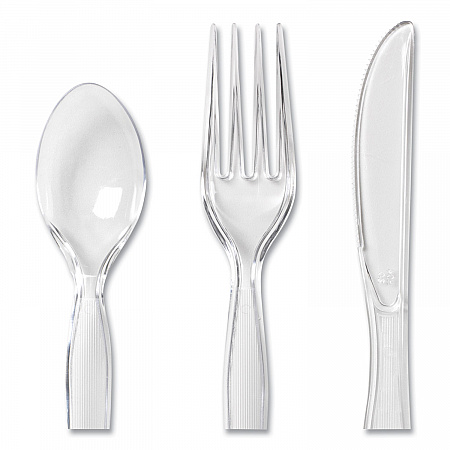 Cutlery Keeper Tray with Clear Plastic Utensils, Heavyweight, Fork/Knife/Spoon, Plastic, Crystal Clear, 180/Pack (CH0180DX7)