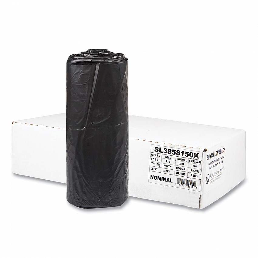 Low-Density Commercial Can Liners, 60 gal, 1.5 mil, 38" x 58", Black, Interleaved Roll, 20 Bags/Roll, 5 Rolls/Carton (SL3858150K)