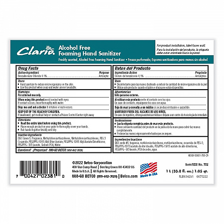 Clario Alcohol Free Foaming Hand Sanitizer, 1,000 mL Bag, Fresh Scent, 6/Carton (7522900)