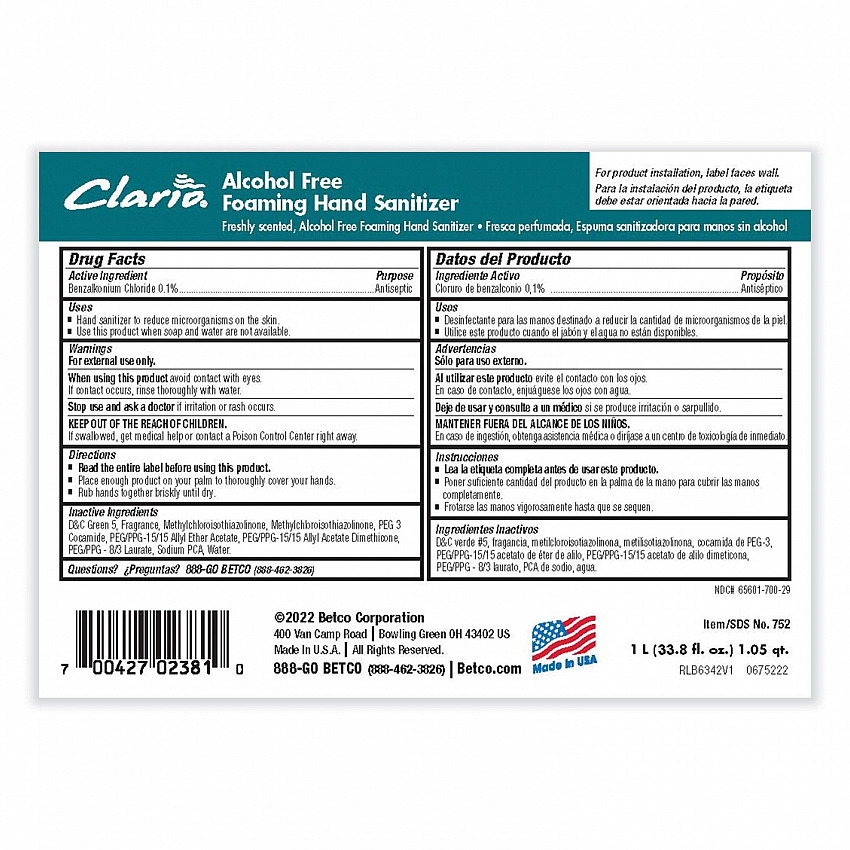 Clario Alcohol Free Foaming Hand Sanitizer, 1,000 mL Bag, Fresh Scent, 6/Carton (7522900)
