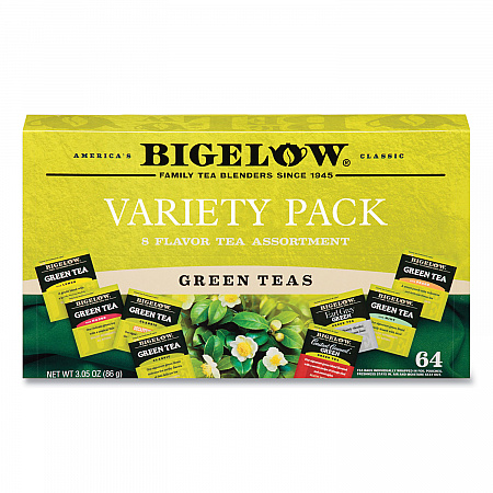 Green Tea Assortment, Individually Wrapped, Eight Flavors, 64 Tea Bags/Box (30568)