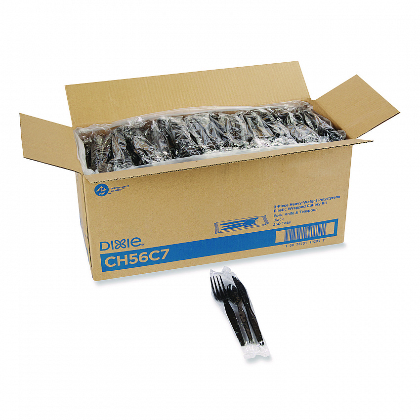 Individually Wrapped Heavyweight Cutlery Set, Fork/Knife/Spoon, Plastic, Black, 250/Carton (CH56C7)