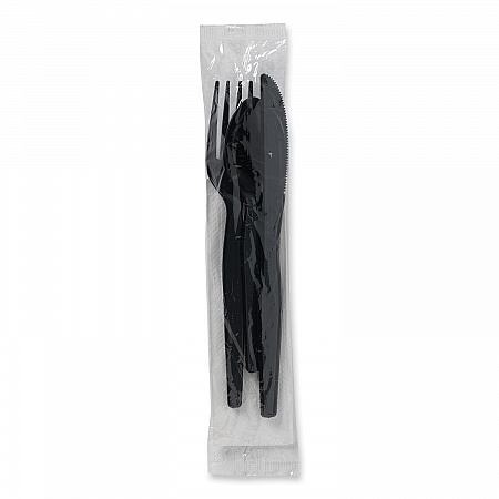 Individually Wrapped Heavyweight Cutlery Set, Fork/Knife/Napkin/Spoon, Plastic, Black, 250/Carton (CH56NC7)