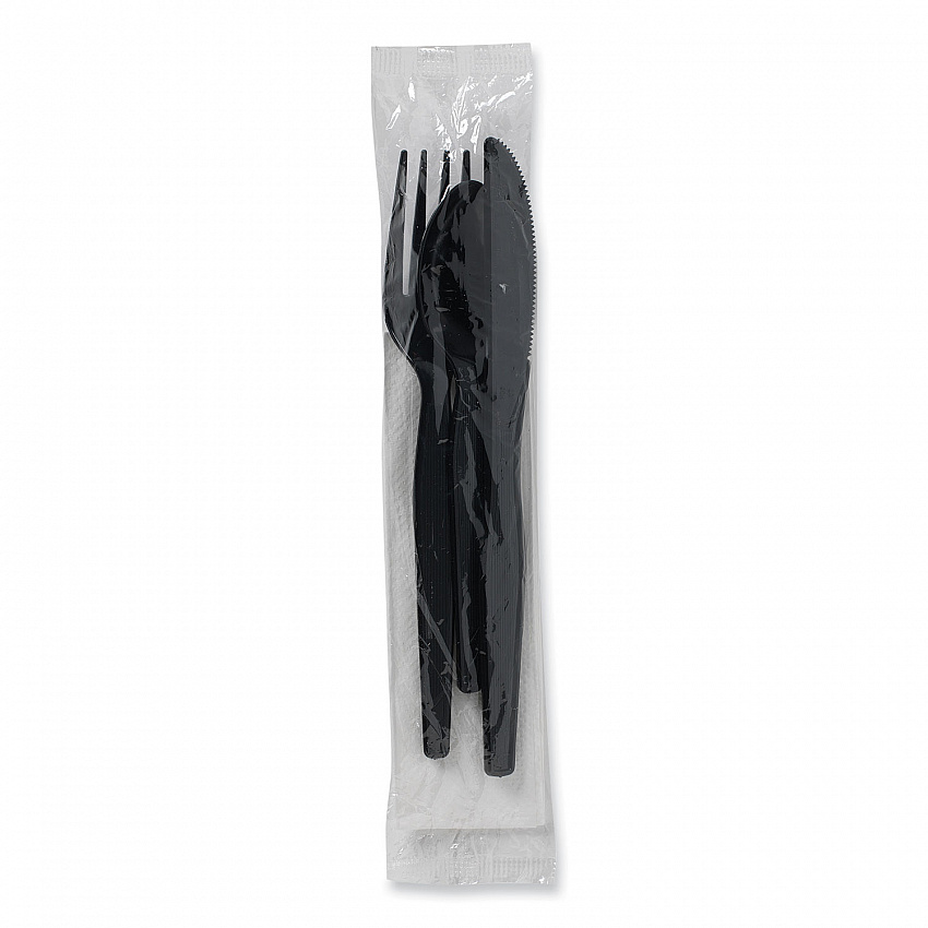Individually Wrapped Heavyweight Cutlery Set, Fork/Knife/Napkin/Spoon, Plastic, Black, 250/Carton (CH56NC7)