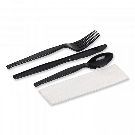 Individually Wrapped Heavyweight Cutlery Set, Fork/Knife/Napkin/Spoon, Plastic, Black, 250/Carton (CH56NC7)