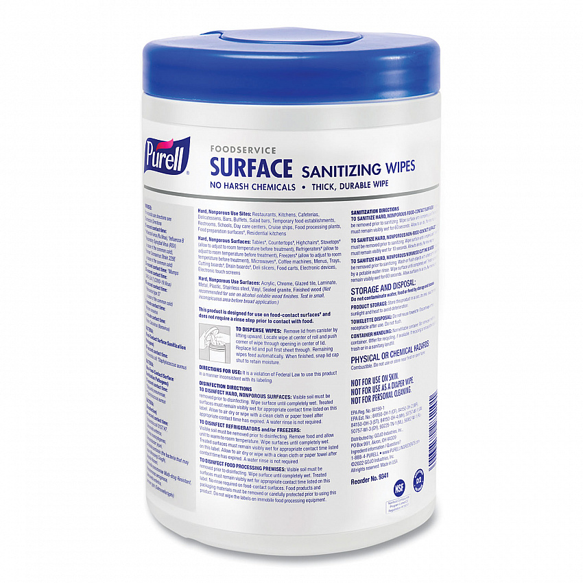 Foodservice Surface Sanitizing Wipes, 1-Ply, 10 x 7, Fragrance-Free, White, 110/Canister, 6 Canisters/Carton (934106CT)