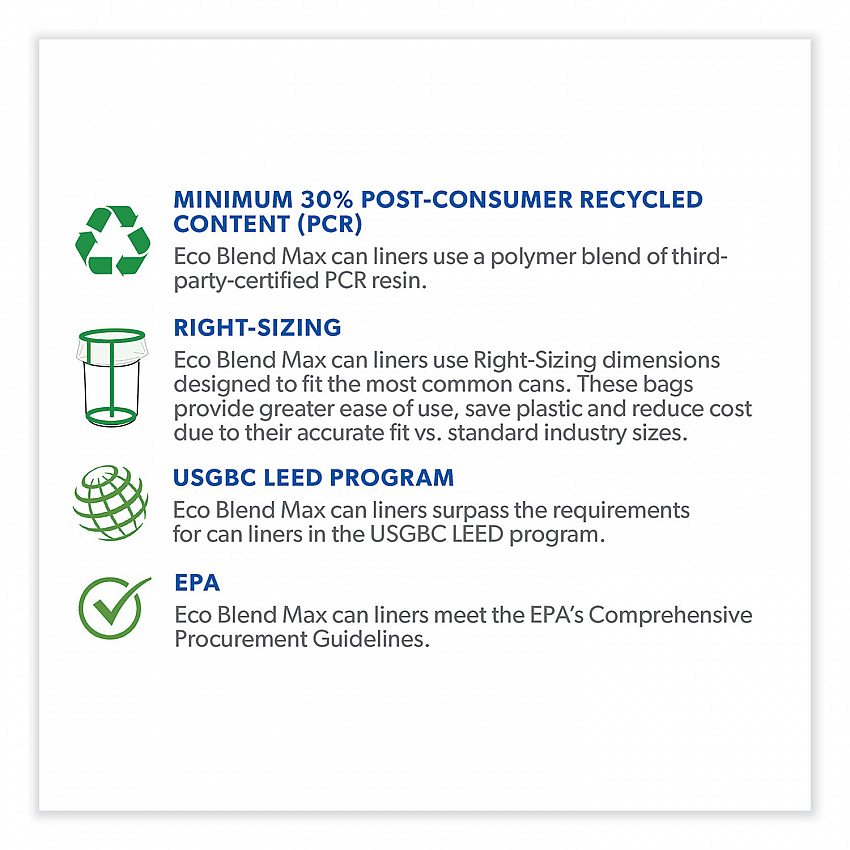Eco Blend Max Can Liners, 23 gal, 0.8 mil, 28" x 45", Blue, 25 Bags/Roll, 10 Rolls/Carton (L5645TXER1)