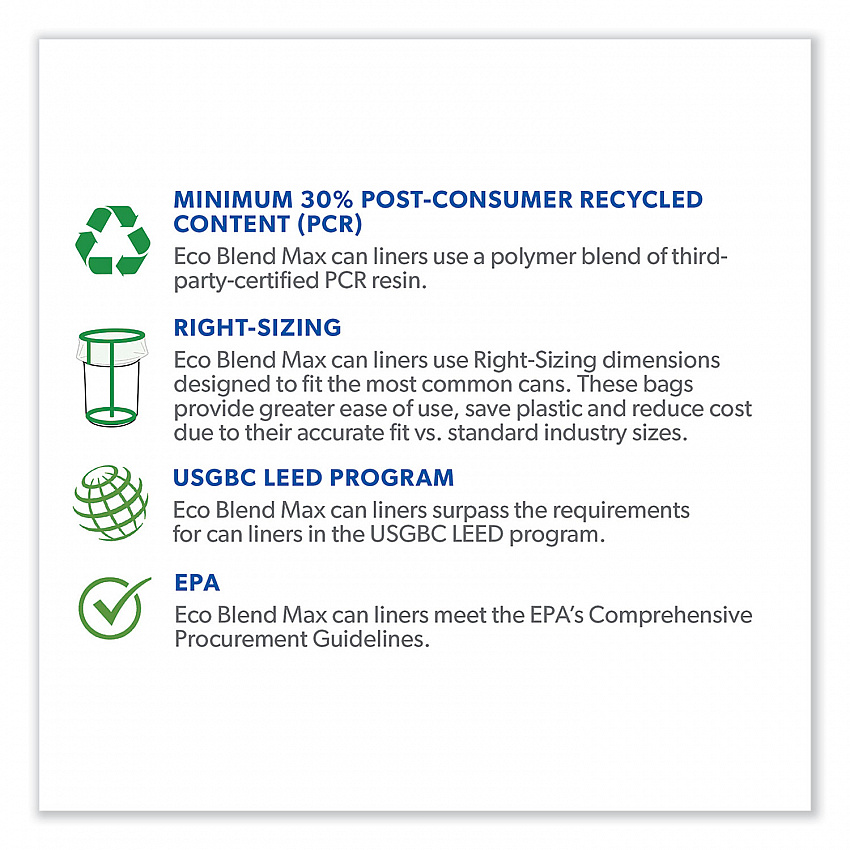 Eco Blend Max Can Liners, 45 gal, 0.8 mil, 40" x 46", Clear, 25 Bags/Roll, 6 Rolls/Carton (L8046TCER1)