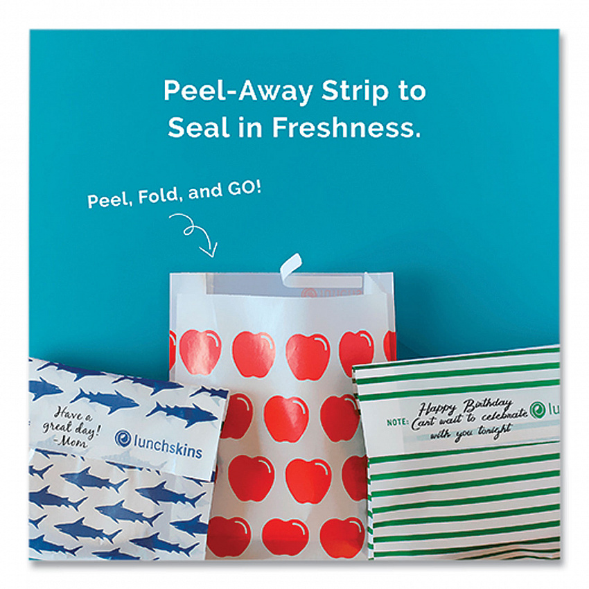 Peel and Seal Sandwich Bag with Closure Strip, 6.3" x 2" x 7.9", Blue Sharks/White, 50/Box (854735005904)