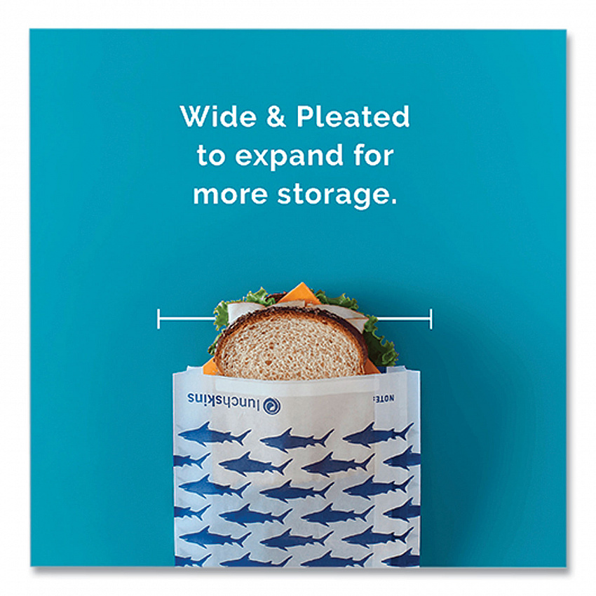 Peel and Seal Sandwich Bag with Closure Strip, 6.3" x 2" x 7.9", Blue Sharks/White, 50/Box (854735005904)
