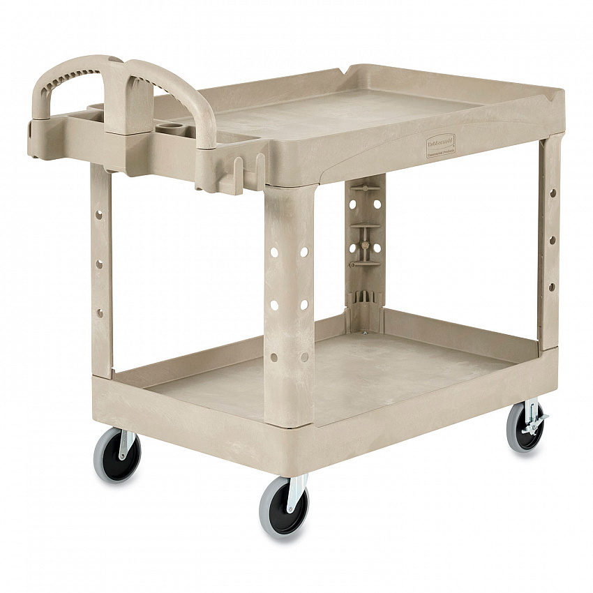 BRUTE Heavy-Duty Utility Cart with Lipped Shelves, Plastic, 2 Shelves, 500 lb Capacity, 17.13" x 38.5" x 38.88", Beige (450088BG)