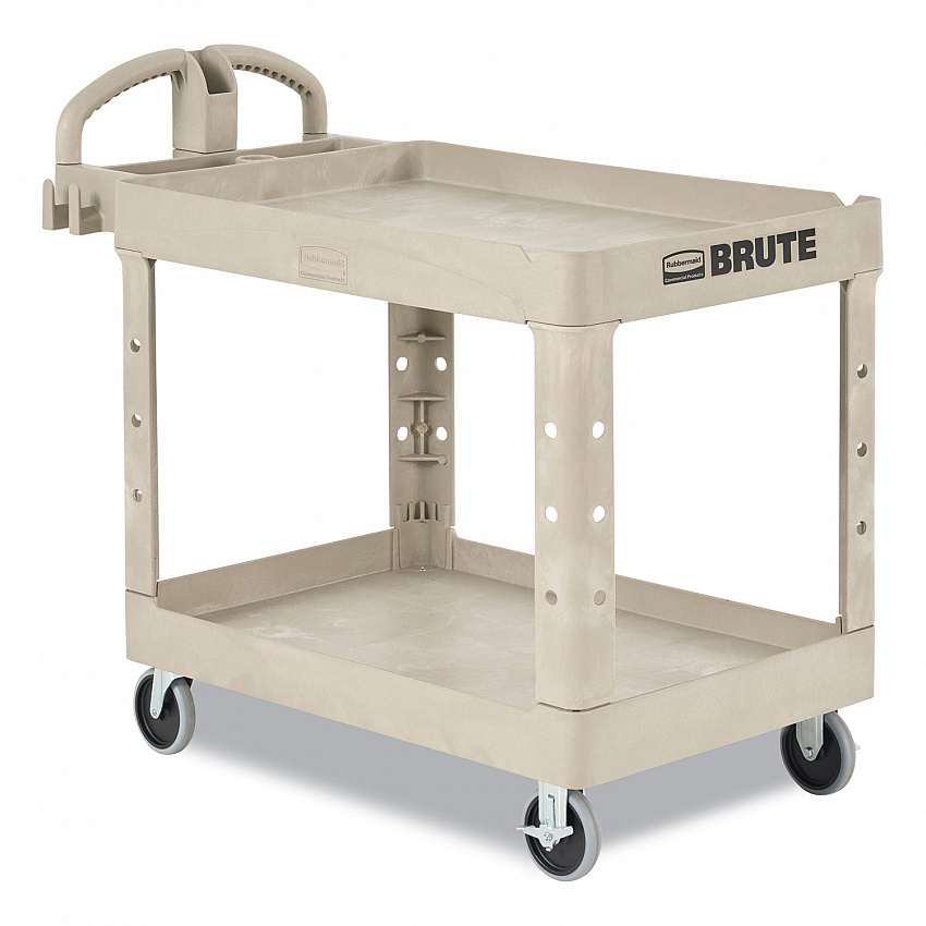 BRUTE Heavy-Duty Utility Cart with Lipped Shelves, Plastic, 2 Shelves, 500 lb Capacity, 17.13" x 38.5" x 38.88", Beige (450088BG)
