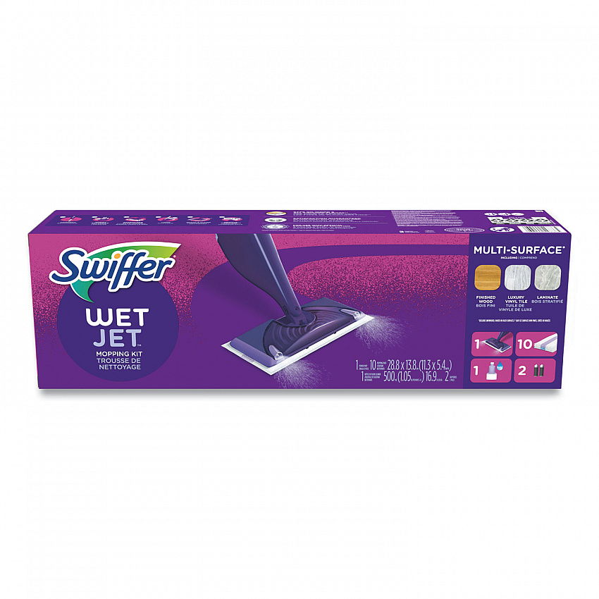 WetJet Mop Starter Kit with 10 Pads and 1 Cleaner, 11.3 x 5.4 Head, Silver Handle (49886)