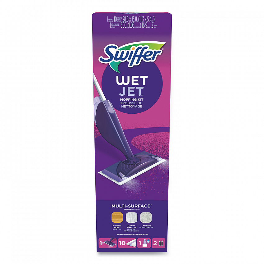 WetJet Mop Starter Kit with 10 Pads and 1 Cleaner, 11.3 x 5.4 Head, Silver Handle (49886)