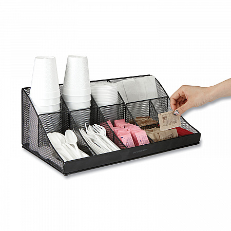 Network Collection 11-Compartment Coffee Cup and Condiment Countertop Organizer, 9.5 x 17.88 x 6.63, Black (COMORGMESHBL)