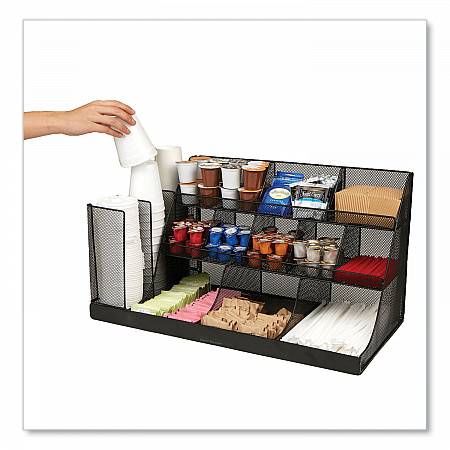 Network Collection 14-Compartment Coffee Cup and Condiment Countertop Organizer, 11.61 x 23.9 x 12.76, Black (CMG2MESHBLK)