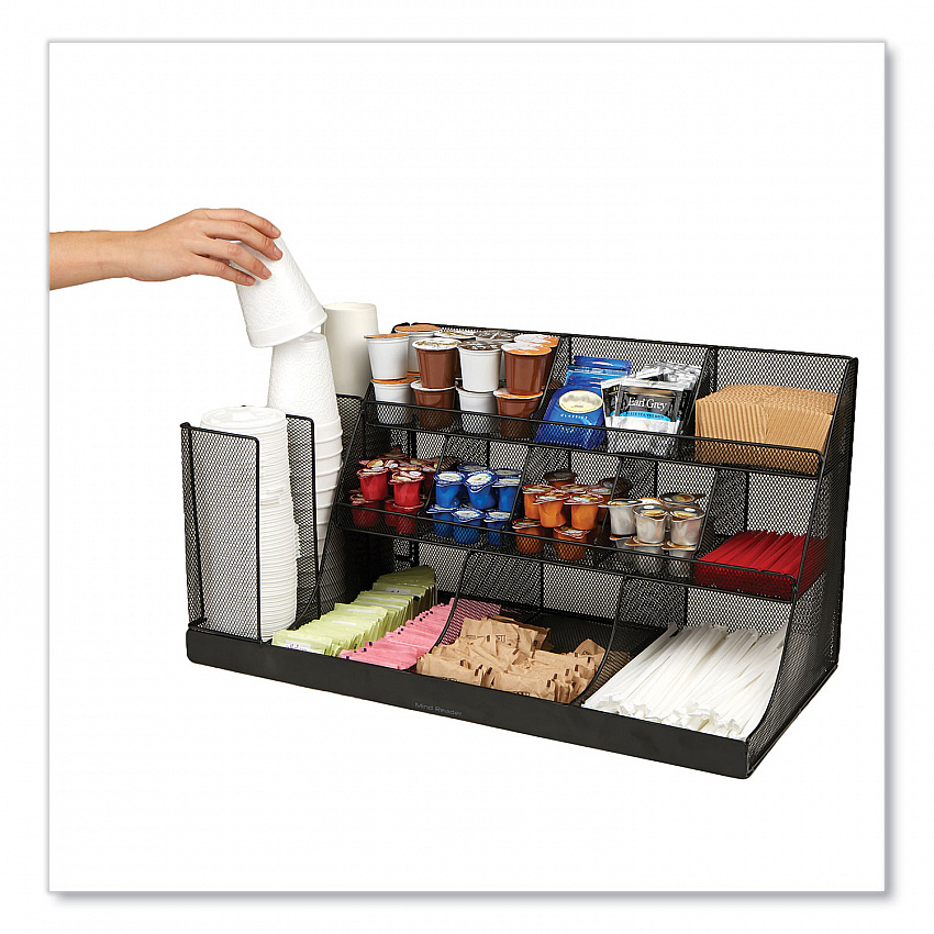 Network Collection 14-Compartment Coffee Cup and Condiment Countertop Organizer, 11.61 x 23.9 x 12.76, Black (CMG2MESHBLK)
