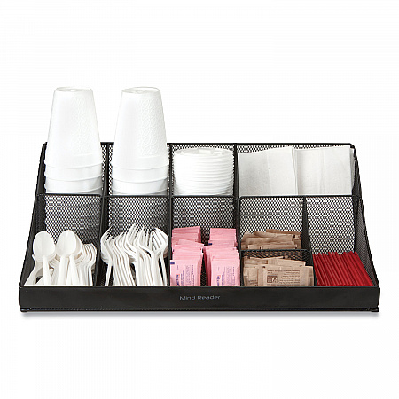 Network Collection 11-Compartment Coffee Cup and Condiment Countertop Organizer, 9.5 x 17.88 x 6.63, Black (COMORGMESHBL)