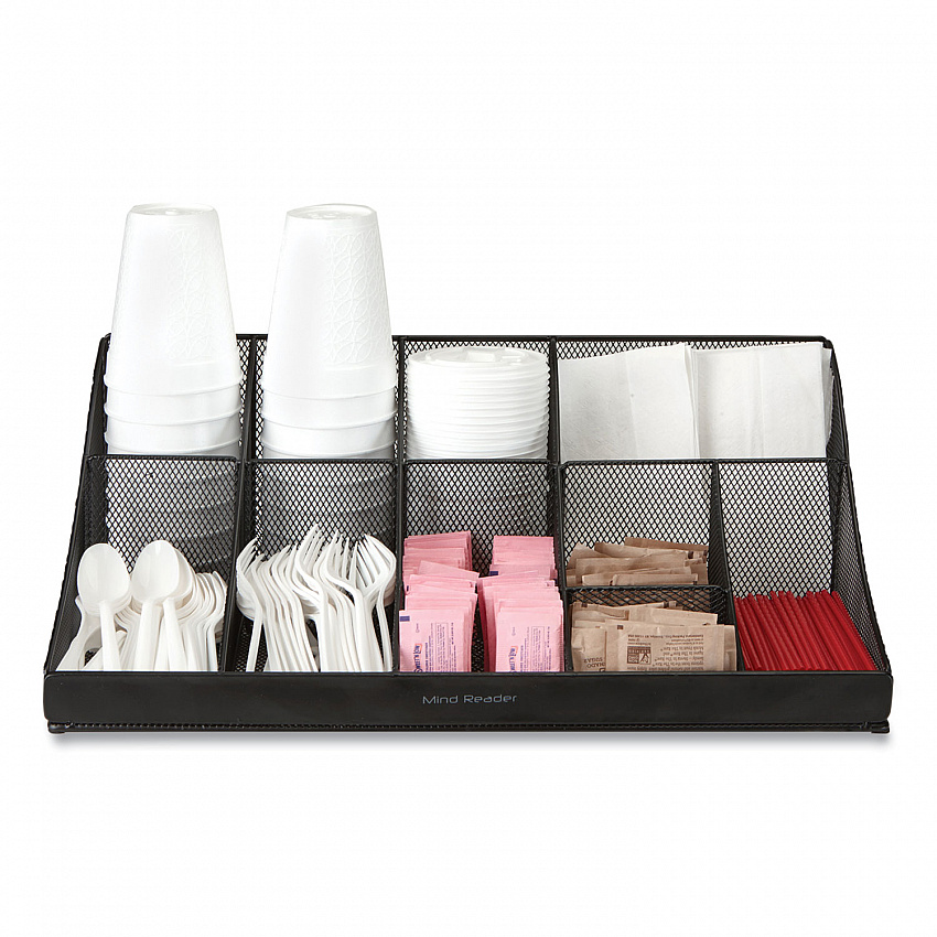 Network Collection 11-Compartment Coffee Cup and Condiment Countertop Organizer, 9.5 x 17.88 x 6.63, Black (COMORGMESHBL)