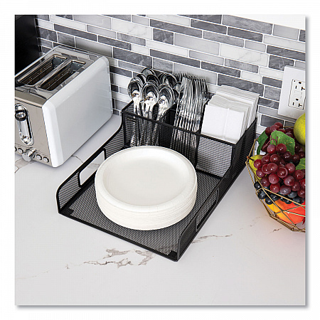 Network Collection Utensil, Napkin and Plate Countertop Organizer, 11.5 x 14.75 x 5.5, Metal, Black (PSNAMESHBLK)