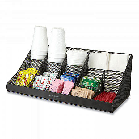 Network Collection 11-Compartment Coffee Cup and Condiment Countertop Organizer, 9.5 x 17.88 x 6.63, Black (COMORGMESHBL)