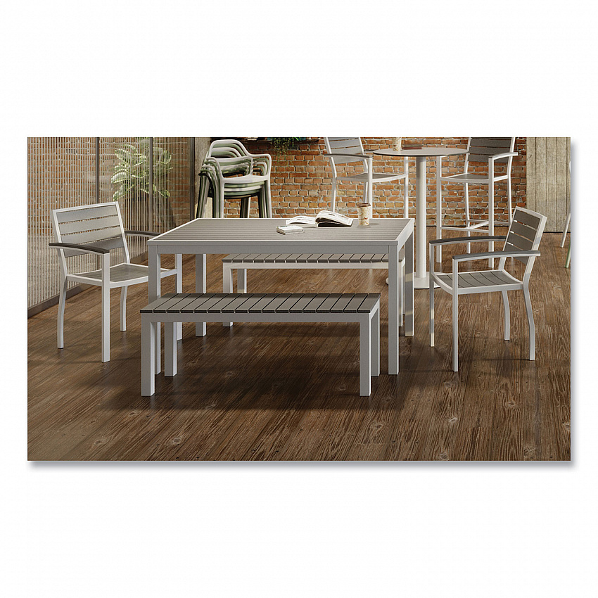 Eveleen Outdoor Dining Table Set, 55" x 35" x 29" Rectangular Table, 2 Benches, 2 Armchairs, Gray/White (840031918437)