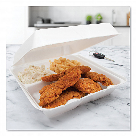 Foam Hinged Lid Containers, 3 Compartments, 9.25 x 9.5 x 3, White, 100/Sleeve, 2 Sleeves/Carton (95HT3R)