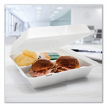 Foam Hinged Lid Containers, 3 Compartments, 9.25 x 9.5 x 3, White, 100/Sleeve, 2 Sleeves/Carton (95HT3R)
