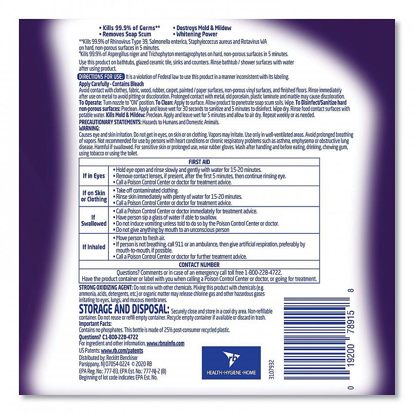 Mold and Mildew Remover with Bleach, Unscented, 32 oz Spray Bottle, 12/Carton (78915)