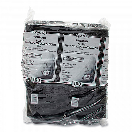 Insulated Foam Hinged Lid Containers, 3 Compartments, 7.96 x 3.2 x 8.36, Black, 200/Carton (85HTB3R)