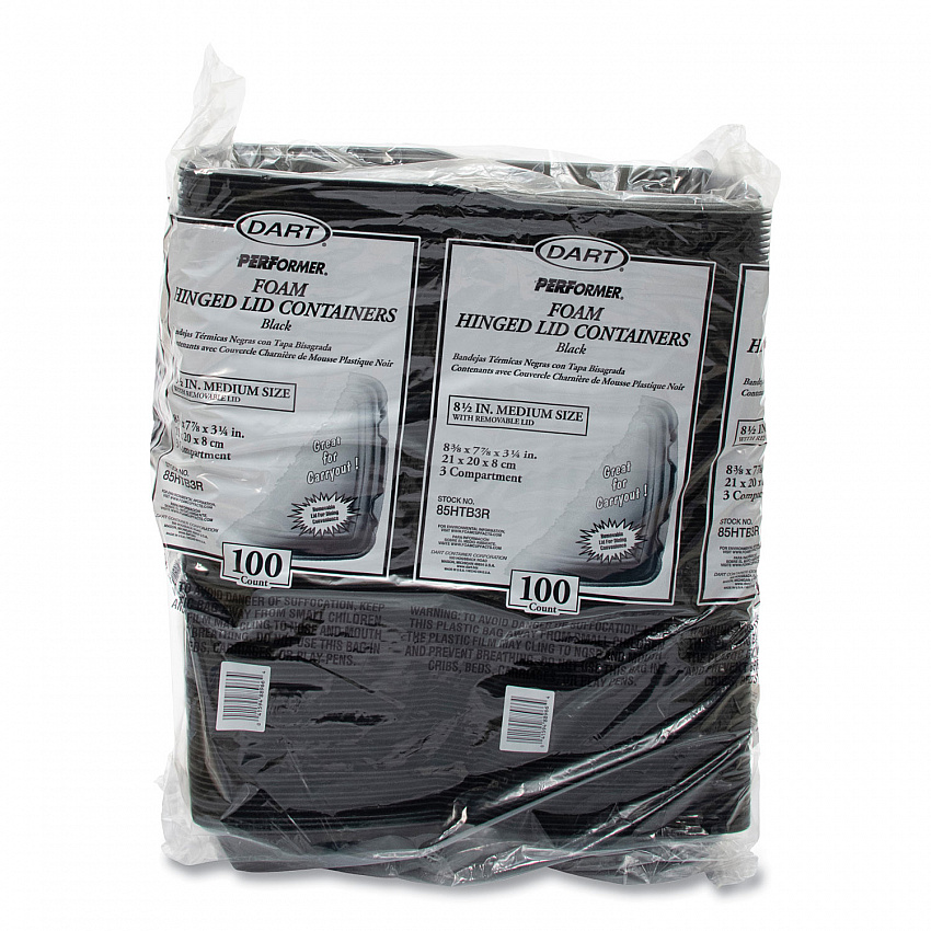 Insulated Foam Hinged Lid Containers, 3 Compartments, 7.96 x 3.2 x 8.36, Black, 200/Carton (85HTB3R)