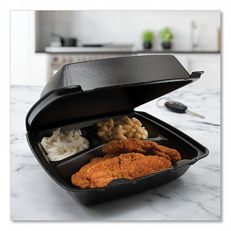 Insulated Foam Hinged Lid Containers, 3 Compartments, 7.96 x 3.2 x 8.36, Black, 200/Carton (85HTB3R)