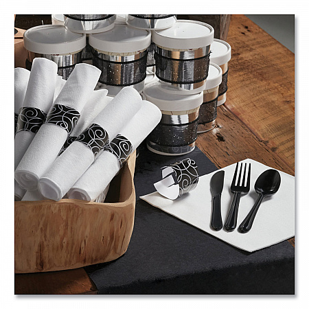 CaterWrap Heavyweight Cutlery Combo Kit, Fork/Knife/Napkin/Spoon, Plastic, Black, 100/Carton (119971)