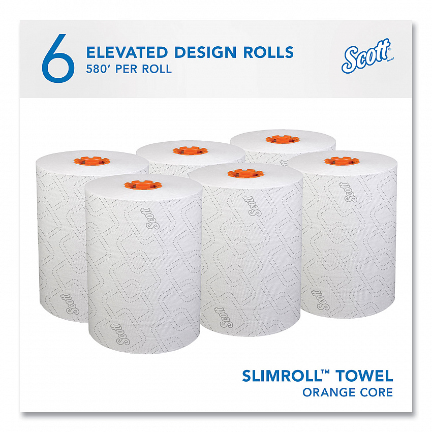 Slimroll Towels, 1-Ply, 8" x 580 ft, White/Orange Core, 6 Roll/Carton (47035)