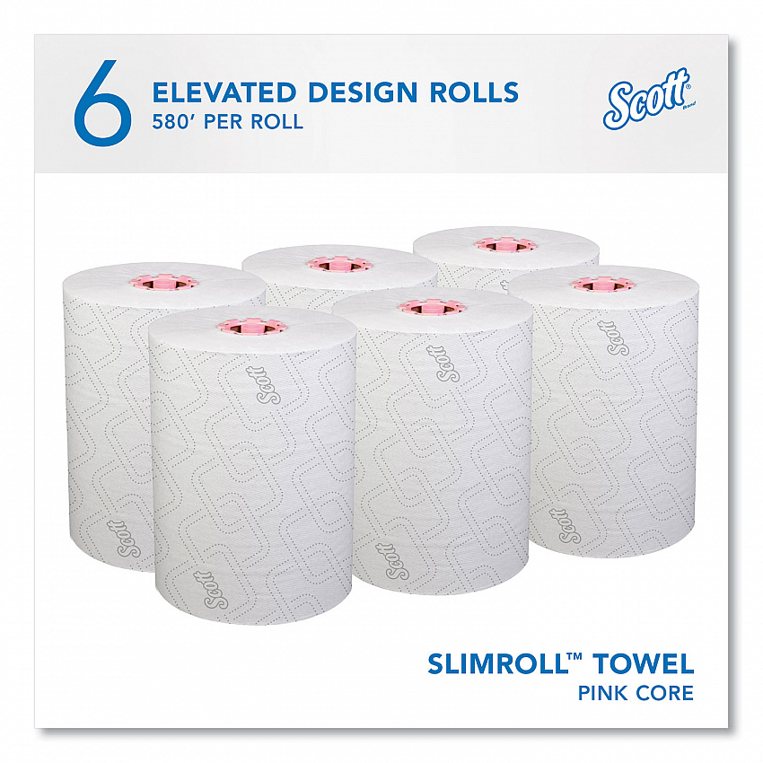 Slimroll Towels, 1-Ply, 8" x 580 ft, White/Pink Core, Traditional Business, 6 Rolls/Carton (47032)