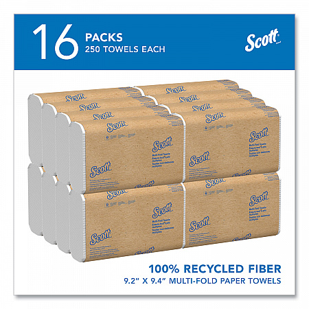 Essential Multi-Fold Towels 100% Recycled, 1-Ply, 9.2 x 9.4, White, 250/Pack, 16 Packs/Carton (01807)