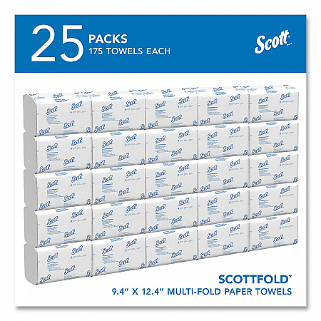 Pro Scottfold Towels, 1-Ply, 9.4 x 12.4, White, 175 Towels/Pack, 25 Packs/Carton (01980)