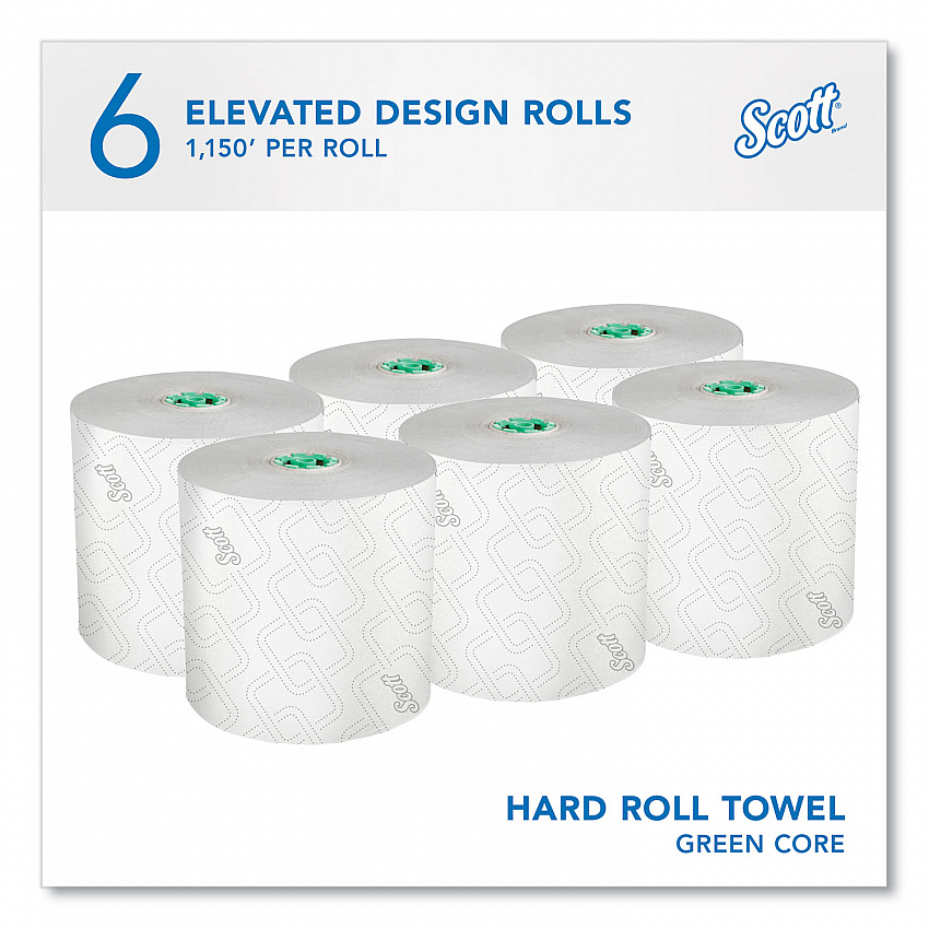 Pro Hard Roll Paper Towels with Elevated Scott Design for Scott Pro Dispenser, Green Core Only, 1-Ply, 1,150 ft, 6 Rolls/CT (25700)