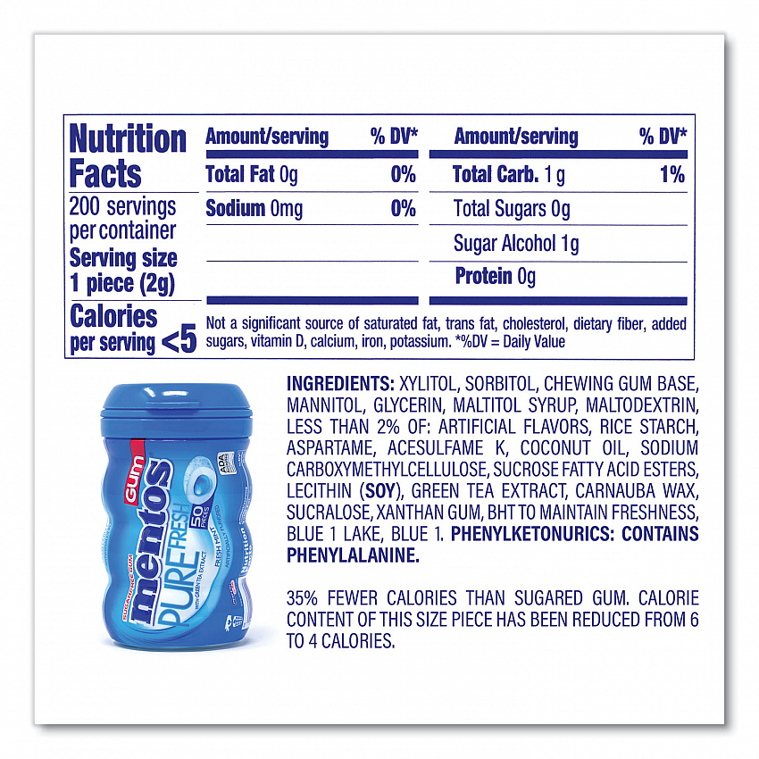 Pure Fresh Gum Variety Pack, Fresh Mint/Spearmint, 50 Pieces/Bottle, 8 Bottles/Carton (60000727)
