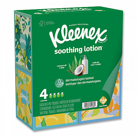 Soothing Lotion Facial Tissue, 3-Ply, White, 60 Sheets/Box, 4 Boxes/Pack, 8 Packs/Carton (54289)