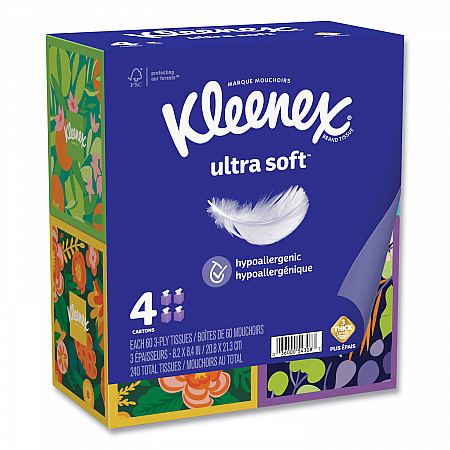 Ultra Soft Facial Tissue, 3-Ply, White, 60 Sheets/Box, 4 Boxes/Pack, 12 Packs/Carton (54308)