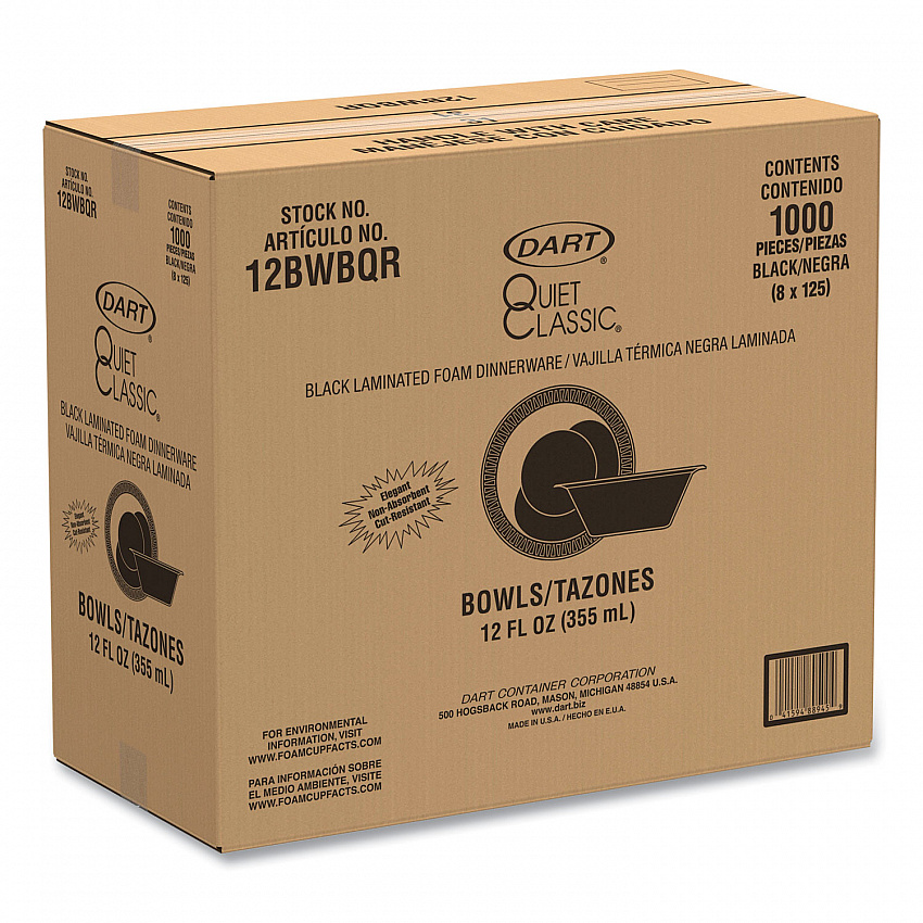 Quiet Classic Laminated Foam Dinnerware, Bowl, 12 oz, Black, 1,000/Carton (12BWBQR)