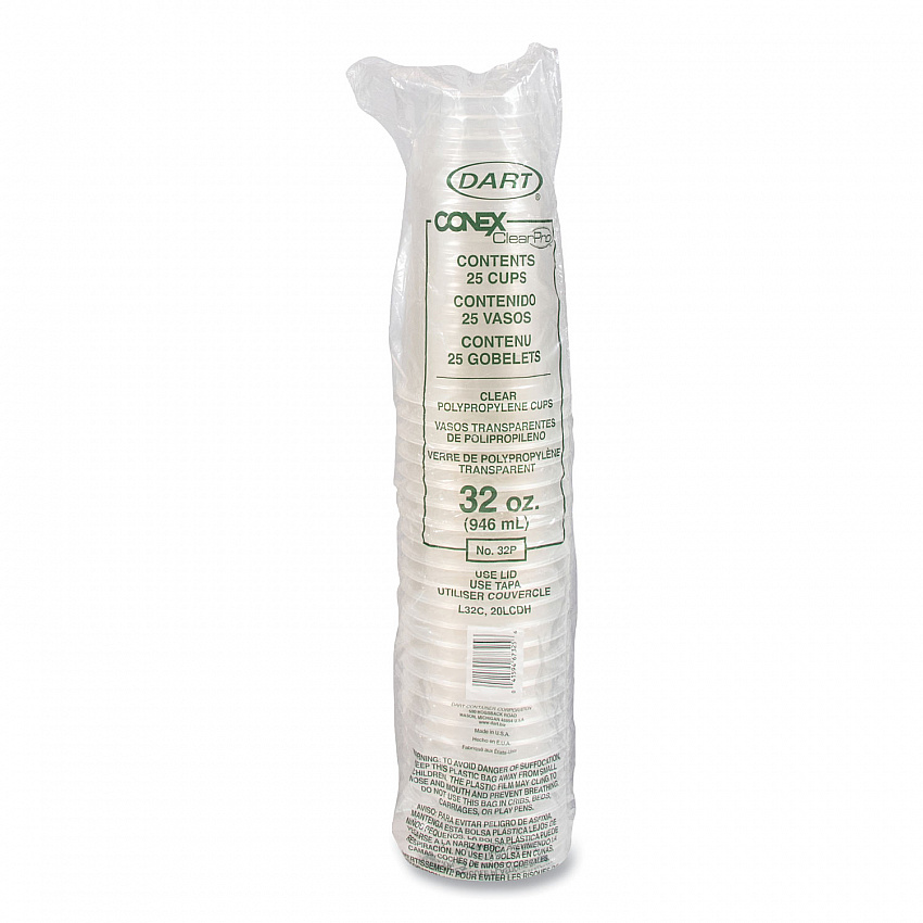 Conex ClearPro Plastic Cold Cups, 32 oz, Clear, 25/Bag, 20 Bags/Carton (32P)