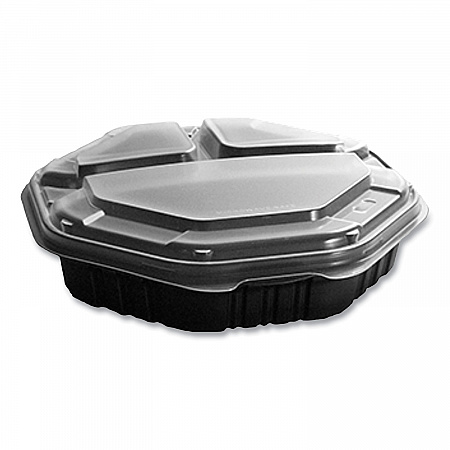 OctaView Hinged-Lid Hot Food Containers, 3 Compartments, 38 oz, 9.55 x 9.1 x 2.4, Black/Clear, Plastic, 100/Carton (809014PP94)